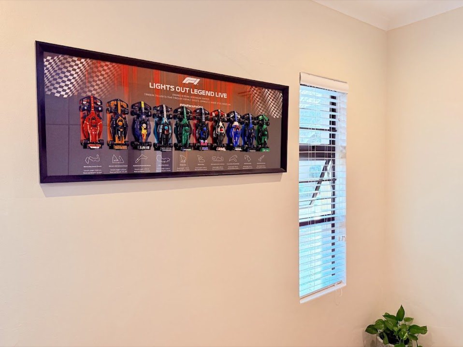 A Full F1 Grid Frame hung in a living room